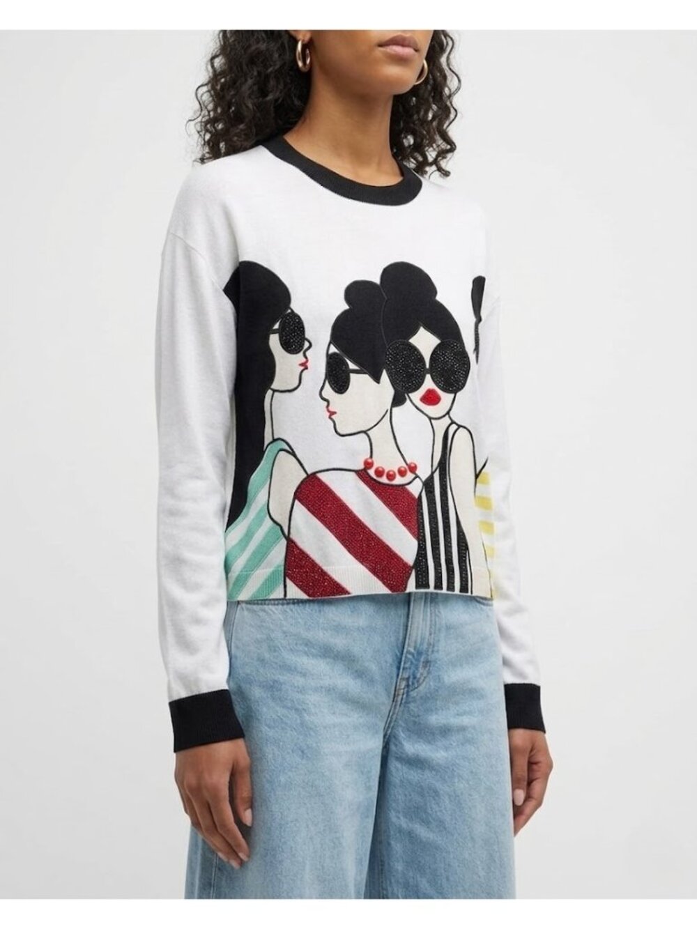 NWT Alice + Olivia Gleeson Stace Face Sweater in Soft White Beaded Pullover S